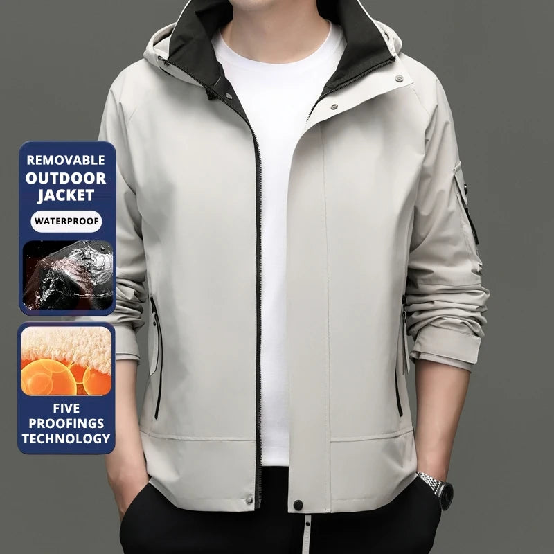 Top Grade Waterproof Designer Men Outdoor Jacket Soft Shell Autumn Windbreaker Casual Sports Coats Detachable Cap Outwear