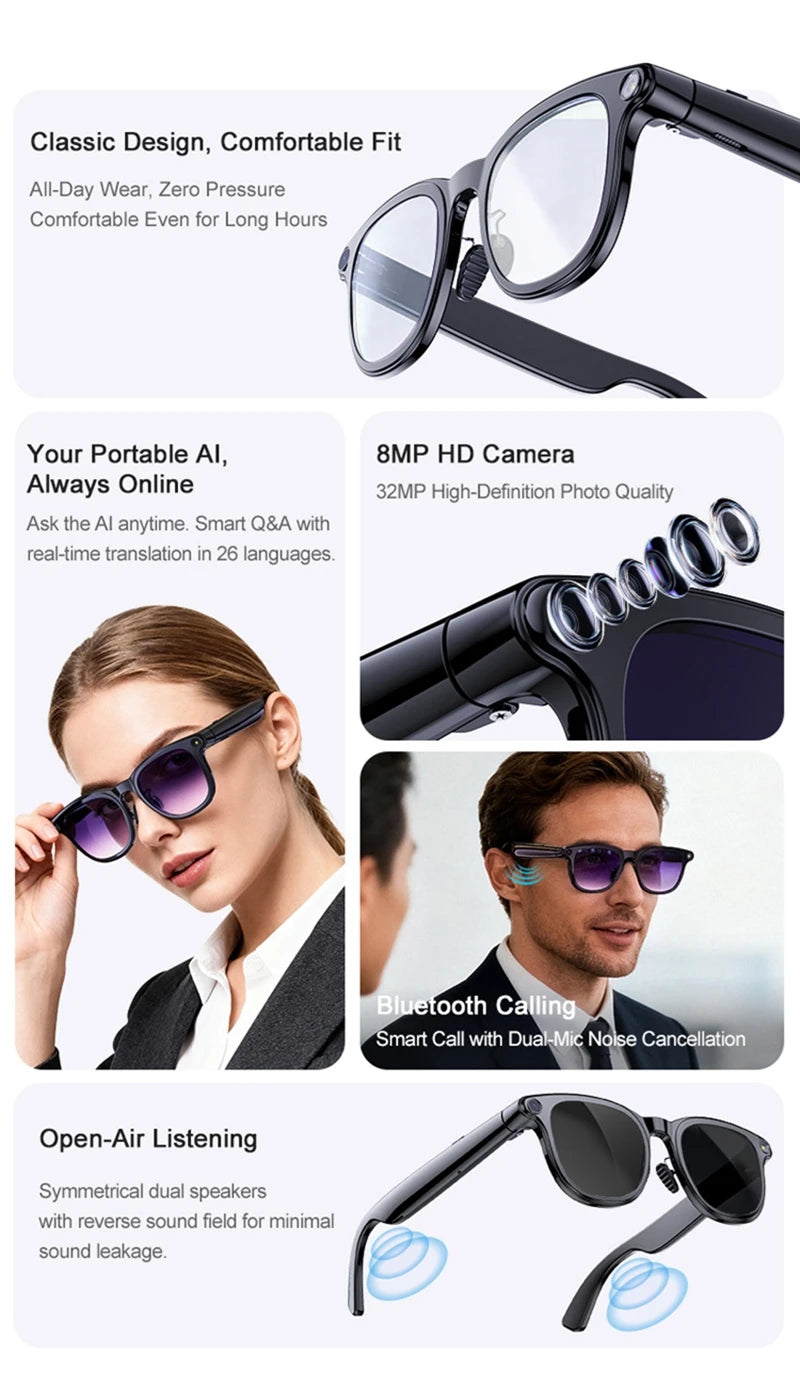 Lenovo 8K AI Smart Glasses With 100MP Camera Chat GPT Touch Sport Sunglasses Bluetooth Call Video Music Player For Men Women