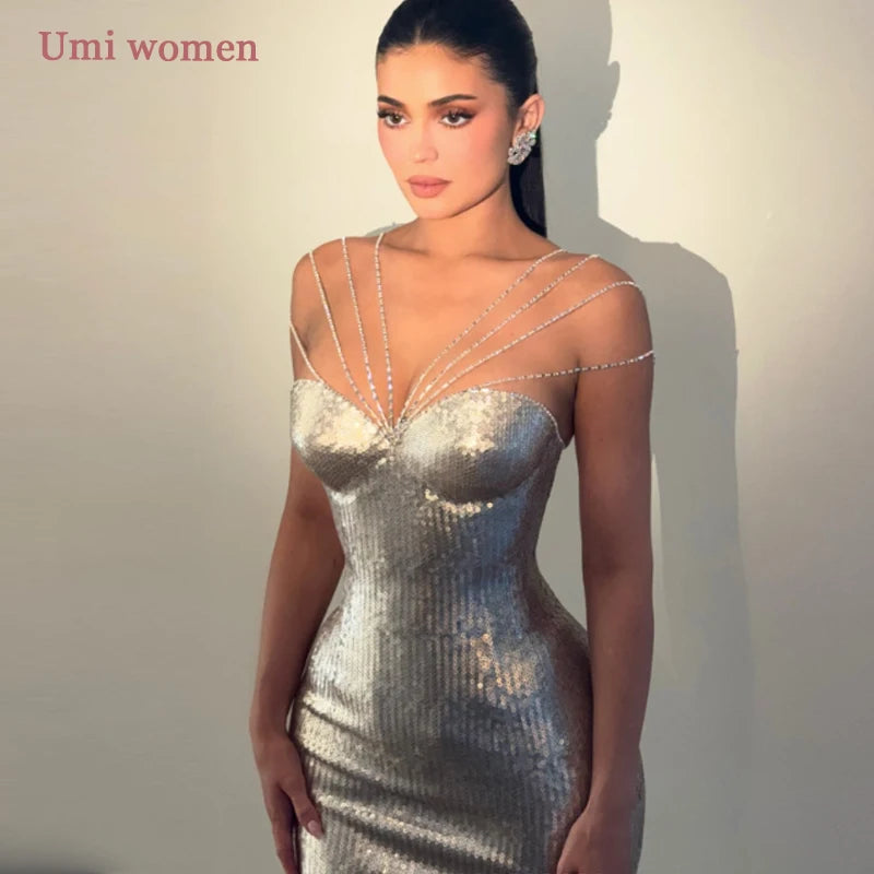 Umi Customized Luxury Glitter Mermaid Evening Spaghetti Straps Formal Dress Bodycon Sparkly Women Party Gowns 2026
