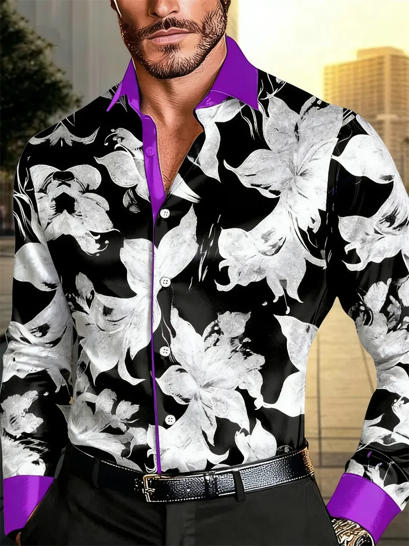 New men's long sleeved shirt casual fashion 3D petal print high-quality shirt single breasted long sleeved top
