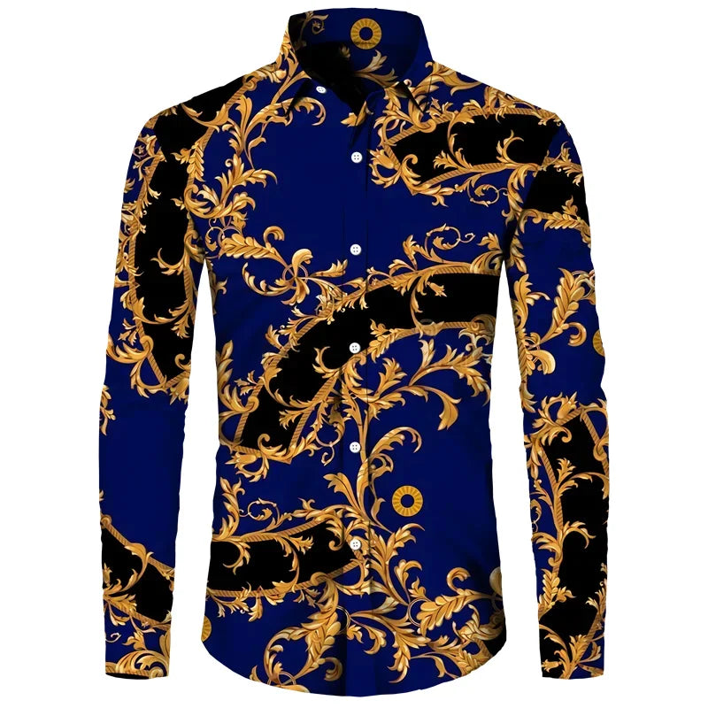 2024 New Luxury Golden Flower Chain 3D Print Men Long Sleeve Shirt Casual Mens Designer Clothing Streetwear Lapel Button Shirts
