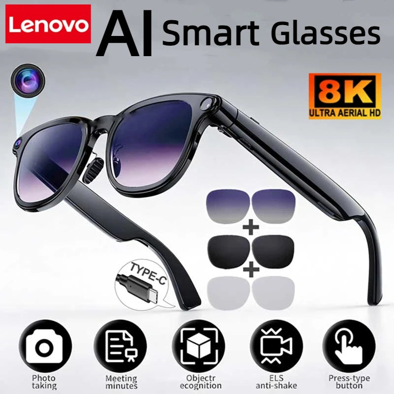 Lenovo 8K AI Smart Glasses With 100MP Camera Chat GPT Touch Sport Sunglasses Bluetooth Call Video Music Player For Men Women
