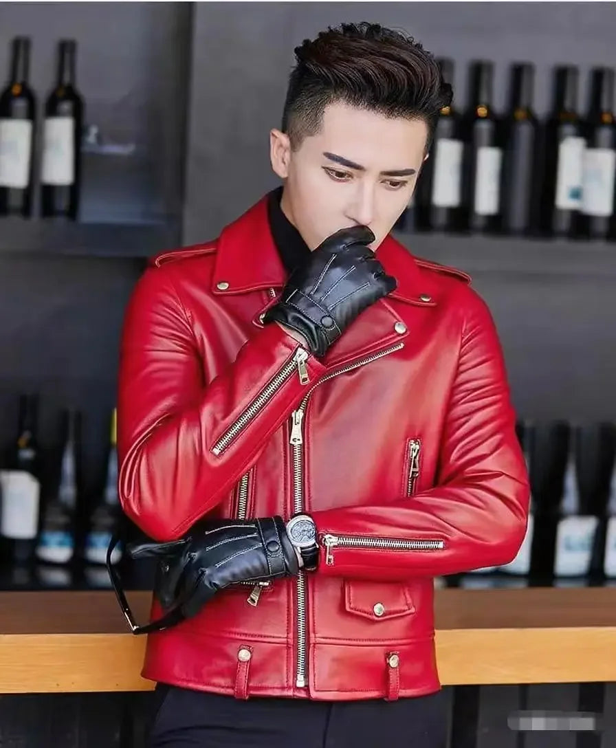 Men's Slim Fit PU Leather Jacket Fashionable Motorcycle Style Spring Autumn Korean Version Casual Outerwear Male Biker Coat