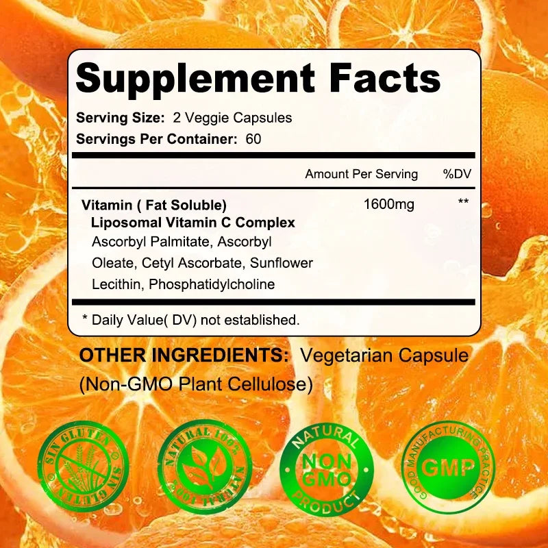 Liposomal Vitamin C 1600 Mg - Highly Absorbable, Fat Soluble Vitamin C, Antioxidant Supplement, Immune System & Collagen Booster