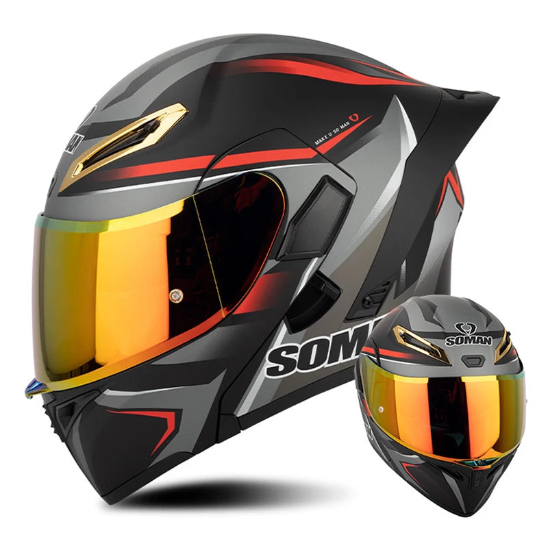 DOT Approved Men's Motorcycle Helmet Full Face Helmet with Double Visor Flip Up Motocross Helmet Four Seasons Universal