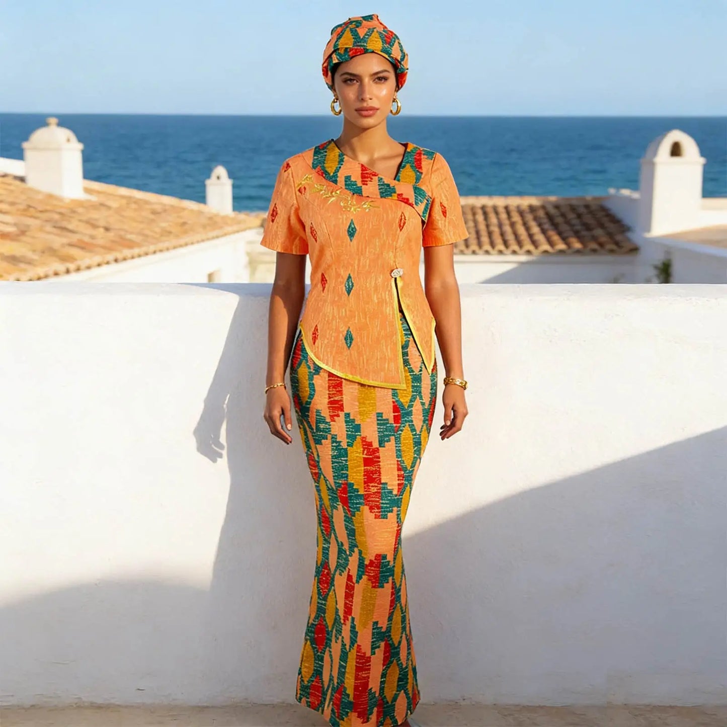 African Women Skirt Set Luxury Gown Short Sleeve Slit Top and Slim Skirt Vestidos with Headwrap Wedding Dress 2526056