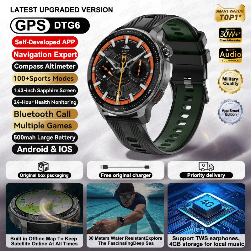 2026NEW GPS Offline Maps Sport Smart Watch Men 4GB Memory Music Video Player AMOLED 3D Menu Style Swim Waterproof Smart Bracelet