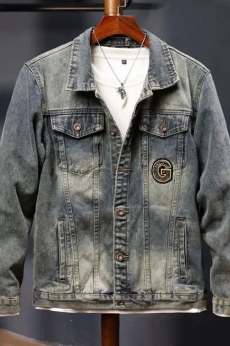 Faionable Retro Motorcycle Jaet Men's Light Colored Embroidered Denim Coat Sli Casual Cotton Polyester Blend Outerwear