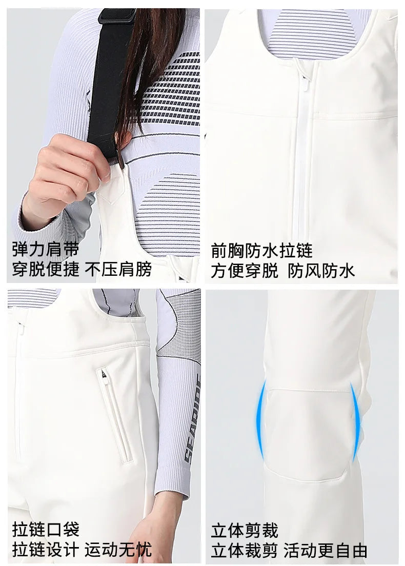Xueyipai New Slim Fit Bib Ski Pants for Women Waterproof Four-Way Stretch Fleece-Lined Winter Double Board One-Piece Ski Pants