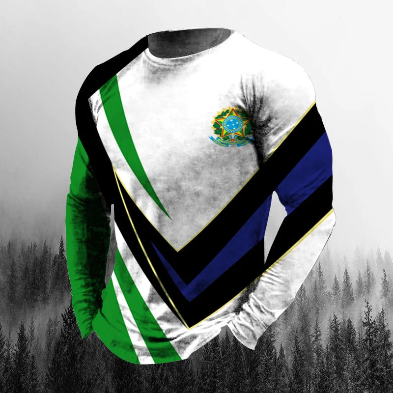 Vintage Brazilian Flag 3D Print Autumn Men's O-Neck T-shirt Casual Long Sleeve Oversized T Shirt Fashion Pullover Men Clothing