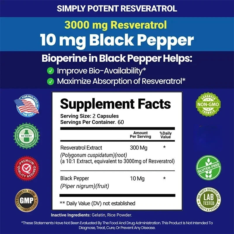 Resveratrol Supplement 3000 Mg - Non-GMO and Gluten Free, Ultra-Pure Trans-Resveratrol 120 Capsules, Anti-Aging, Antioxidant