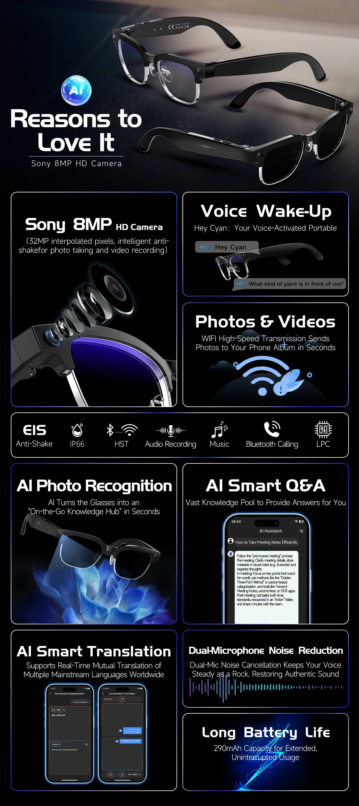 New 1080P Anti-shake Video Recording 800W HD Smart Glasses Men 100+Language Translation WIFI Transmission Call AI Chat Glasses
