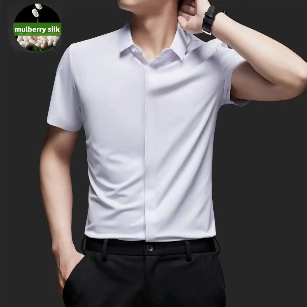High end Mulberry Silk Dress Shirts Business Men Wrinkle Resistant Button Invisible Elastic Tops Luxurious Male Quality Clothing