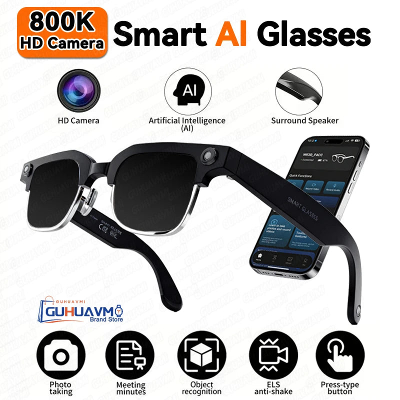 New 800W Smart Glasses 4K HD Camera 4GB Memory BT Call Voice Assistant Translate Touch Control Music Player sunglasses Men Women