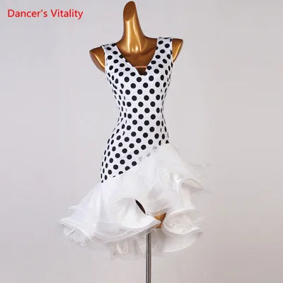 Latin Dance Dress V-Neck Wave Point Skirt Profession Custom Female Adult Child Elegant Performance Clothes Competition Clothing
