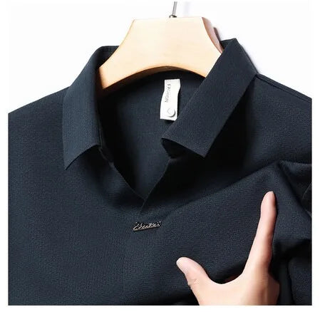 High End Mulberry Silk T-shirts Man Long Sleeve Tops Business Casual Elastic Non-iron Seamless Quality Luxurious Men Polo Shirts