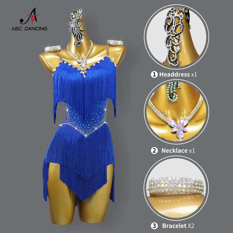 2026 New Latin Performance Dance Dress Women Sexy Outdoor Ballroom Party Fringe Skirt Sport Practice Wear Blue Prom Evening Suit