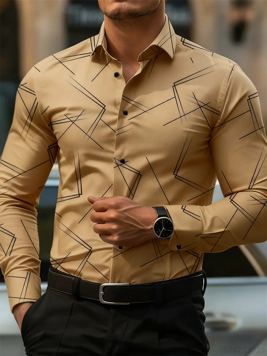 Men's trendy geometric line print long-sleeved shirt Business casual fashion design slim fit non-iron versatile ins style shirt