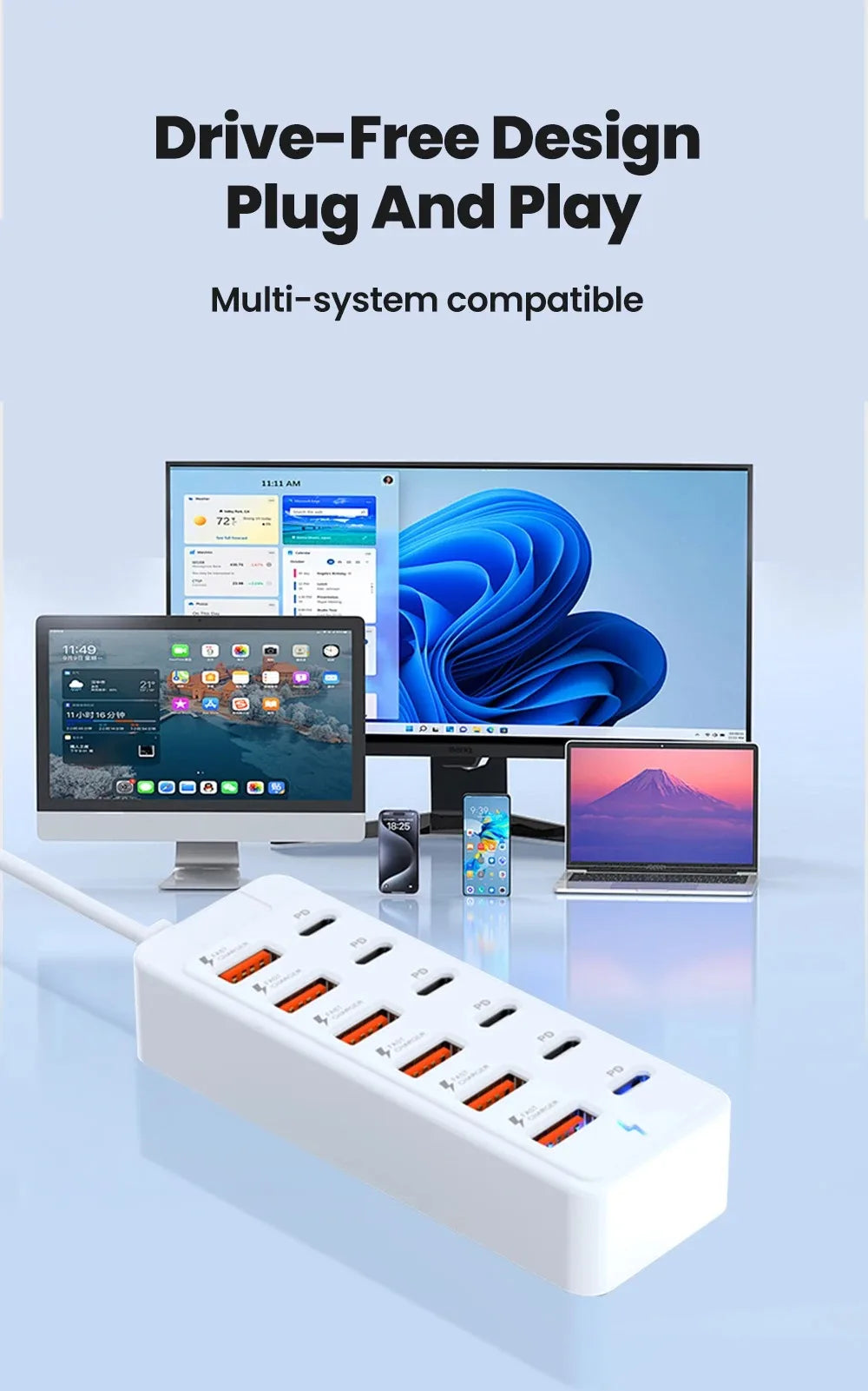 12 in 1 Fast USB Charger Power Strip Desktop Charging Station Fast Charging 1m Cord USB HUB Adapter Socket for Home Office