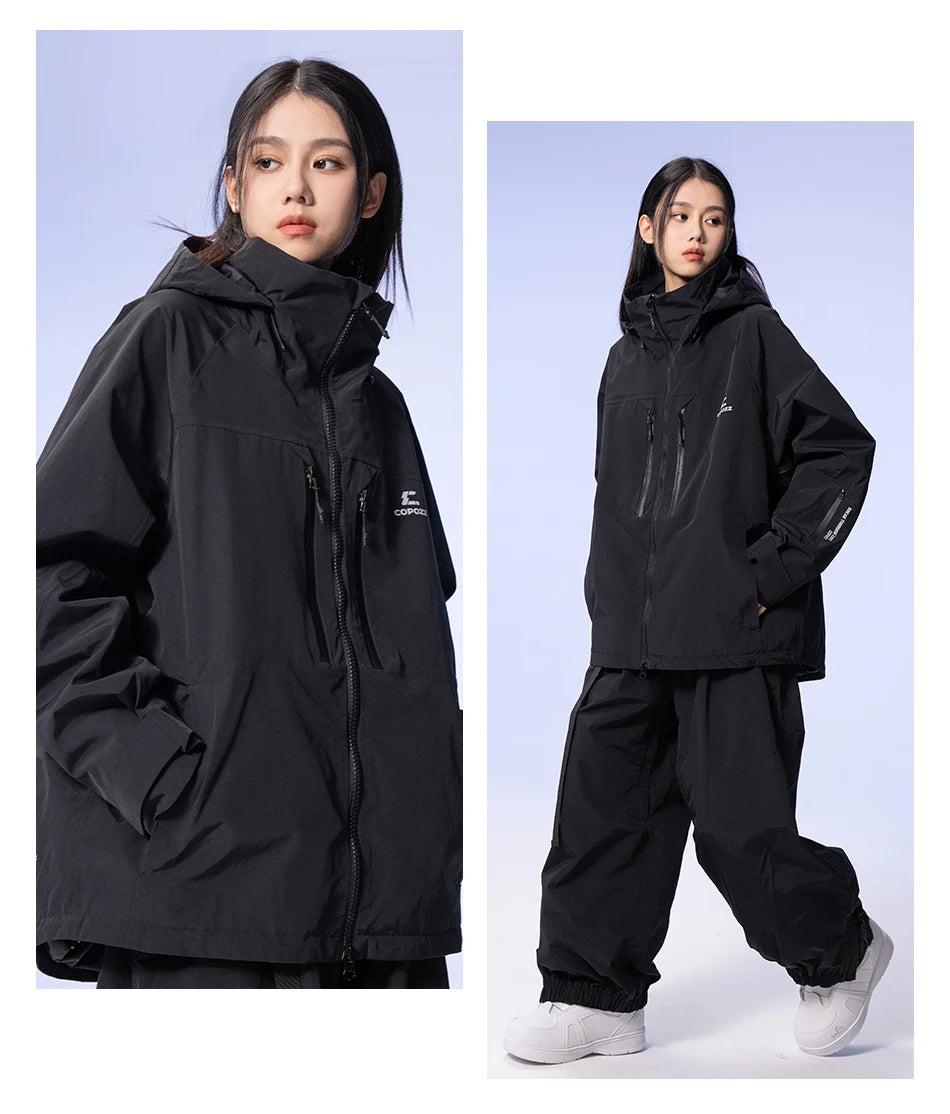 COPOZZ Thicken 3L Ski Jacket Men Women Windproof Waterproof Winter Ski Coat Ski Wear Solid Color Hooded Warm Snowboard Ski Suit