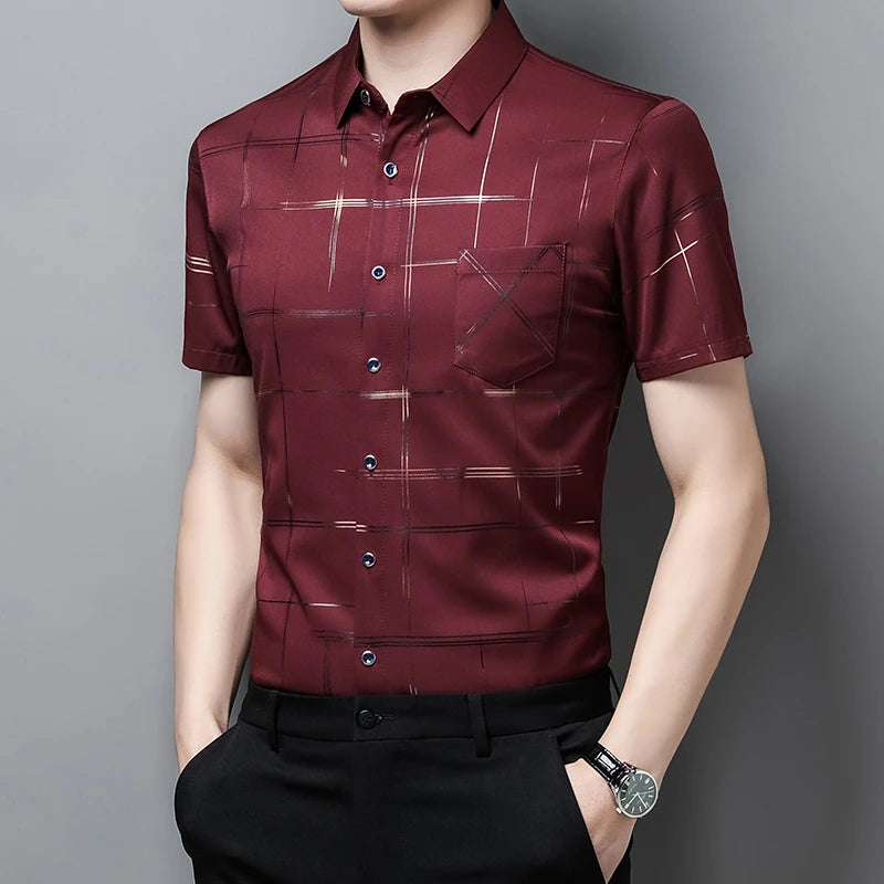 Men's Business Casual Short Sleeve Shirt New No Iron Wrinkle Resistant Top Easy Care Comfortable Fit for Office And Work