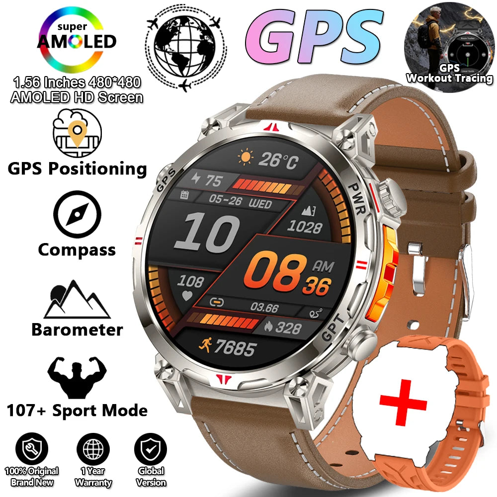 2026 New Outdoor Sports Smartwatch Men GPS Positioning 650mAh HD Call 1.56-inch AMOLED Screen Compass 5ATM Waterproof Watch Man