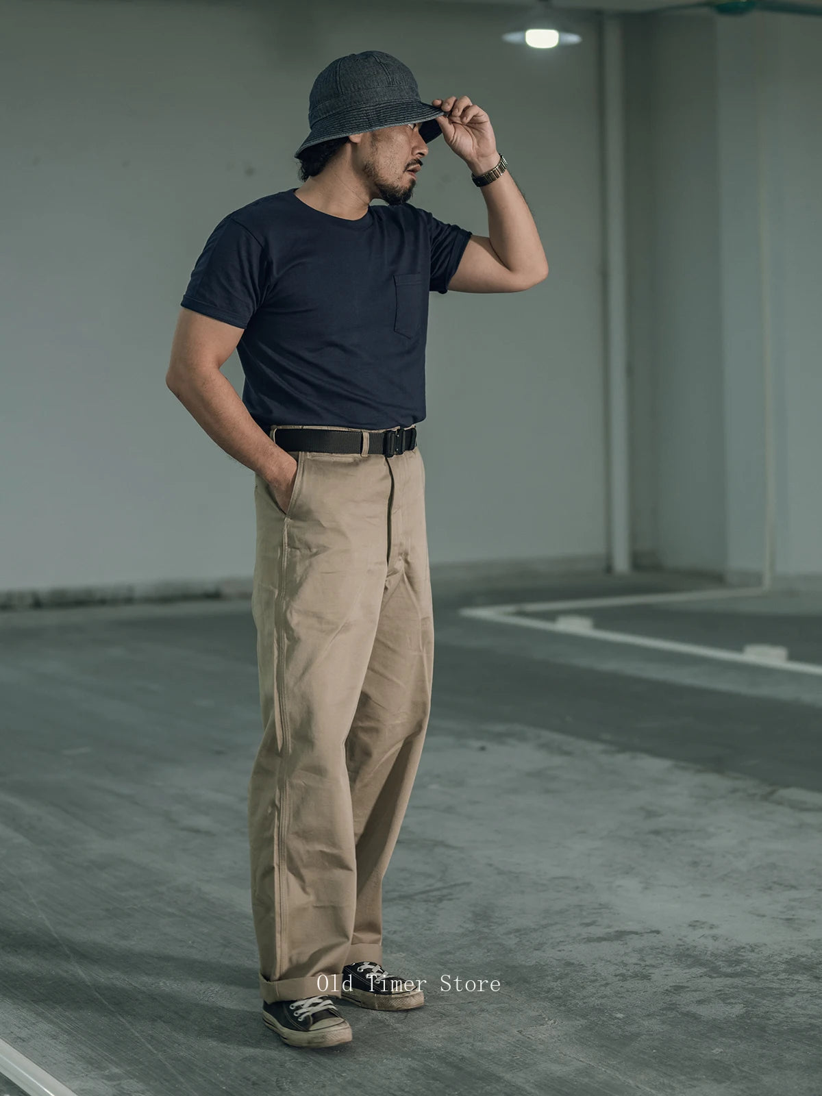 Qingtian Twill Chino Pants Vintage Workwear Men's Amekaji Khaki Trousers Loose Straight Leg