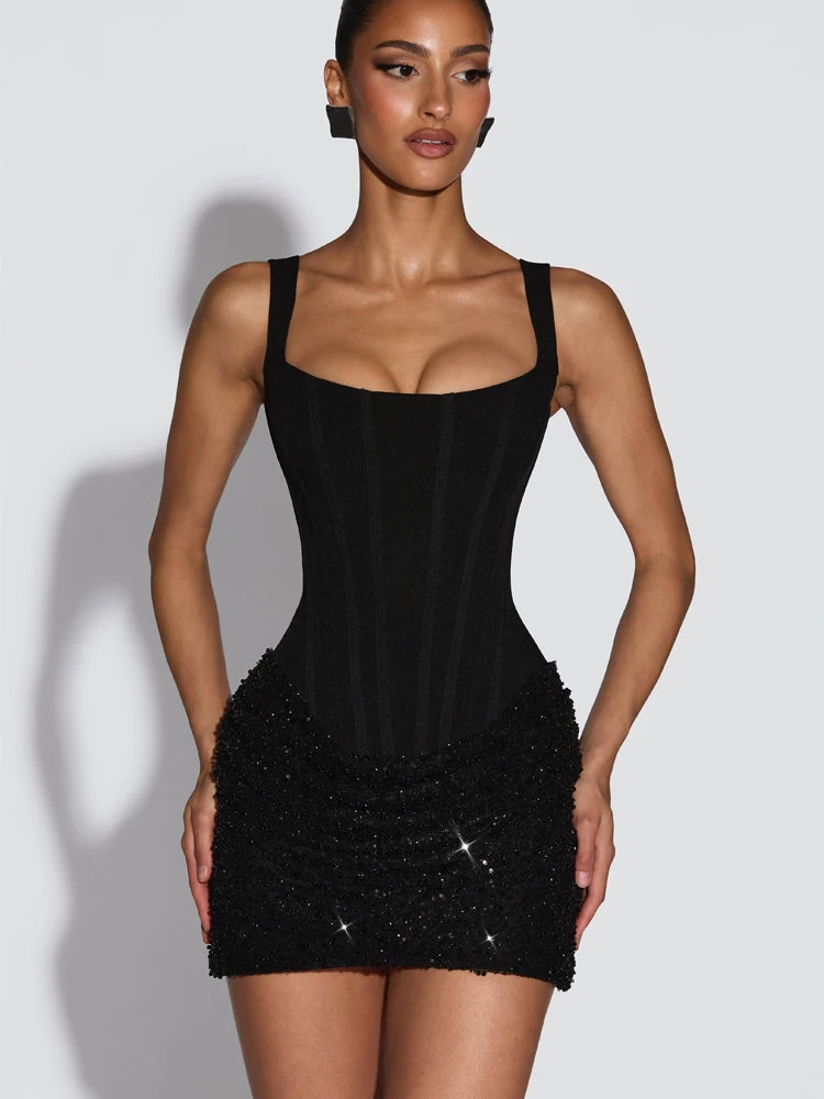 Sexy Sequin Patchwork Sling Mini Dress Women Chic Off-shoulder Backless Waist Cinching Slim Short Dresses Lady Club Party Gowns