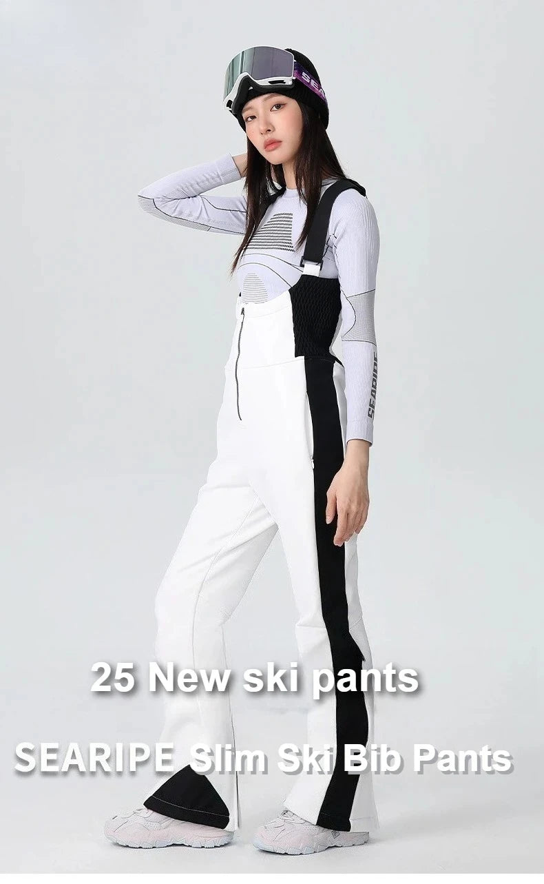 25-26 New Women's Ski Bibi Pants Waterproof Windproof Stretchy Anti-wear Solid Zipper Slim Resilient Outdoor Warm in Winter