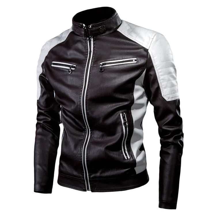 Men's Casual Biker PU Leather Jacket New 2025 Fashion Color Block British Style Motorcycle Jacket Men's Clothing Outerwear