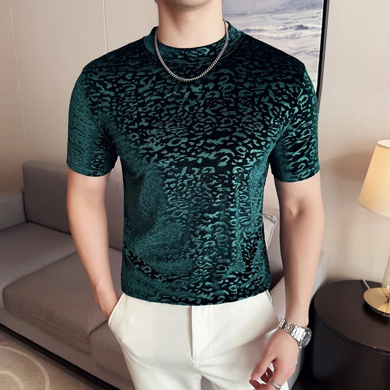 Men's T-Shirts Korean Fashion Gold Velvet Short Sleeve Mens Casual T Shirt Slim Fit Breathable Turtleneck Tee Shirt Homme 4XL-M