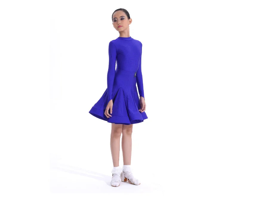 Girls Latin Dance Competition Clothing Glossy Fabric Long Sleeves Dance Dress Kids Cha Rumba Dance Practice Training Wear