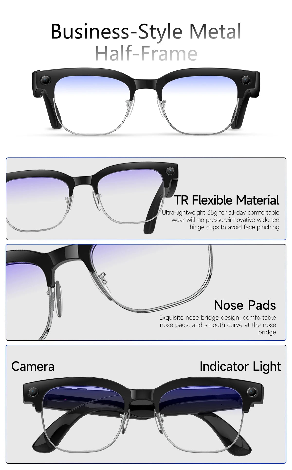New 4K HD AI Smart Glasses 800w Pixel Multifunctional Camera Ultra Bluetooth Call Voice Assistant Music Player Smart Translation