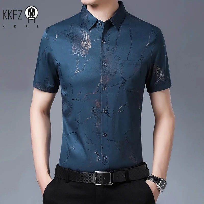 New Men's Casual Printed Short Sleeved Lapel Shirt for Summer Fashion Comfort No Ironing Wrinkle Resistant Top