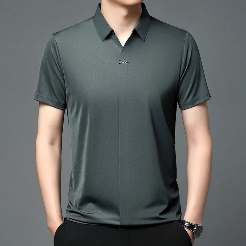High End Mulberry Silk T-shirts Man Long Sleeve Tops Business Casual Elastic Non-iron Seamless Quality Luxurious Men Polo Shirts