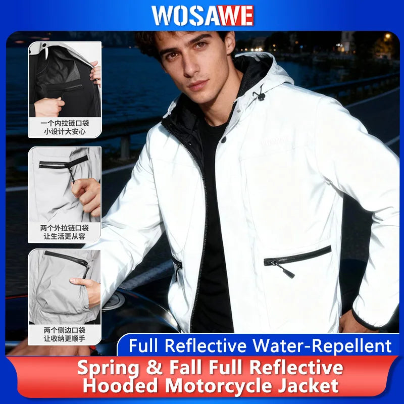 WOSAWE Motorcycle Riding Full Reflective Hooded Jacket, Hiking Night Riding Night Running Charge Carry-on Sports Jacket