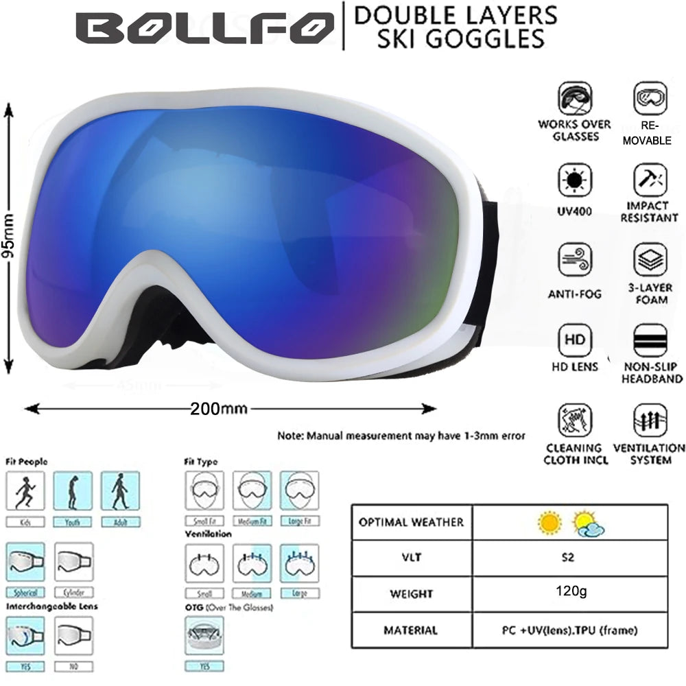 BOLLFO Snowboard Goggles Dual Lens Anti-Fog UV400 Ski Goggles for Men Women TPU OTG Skiing Snowmobile Glasses for Adult Youth