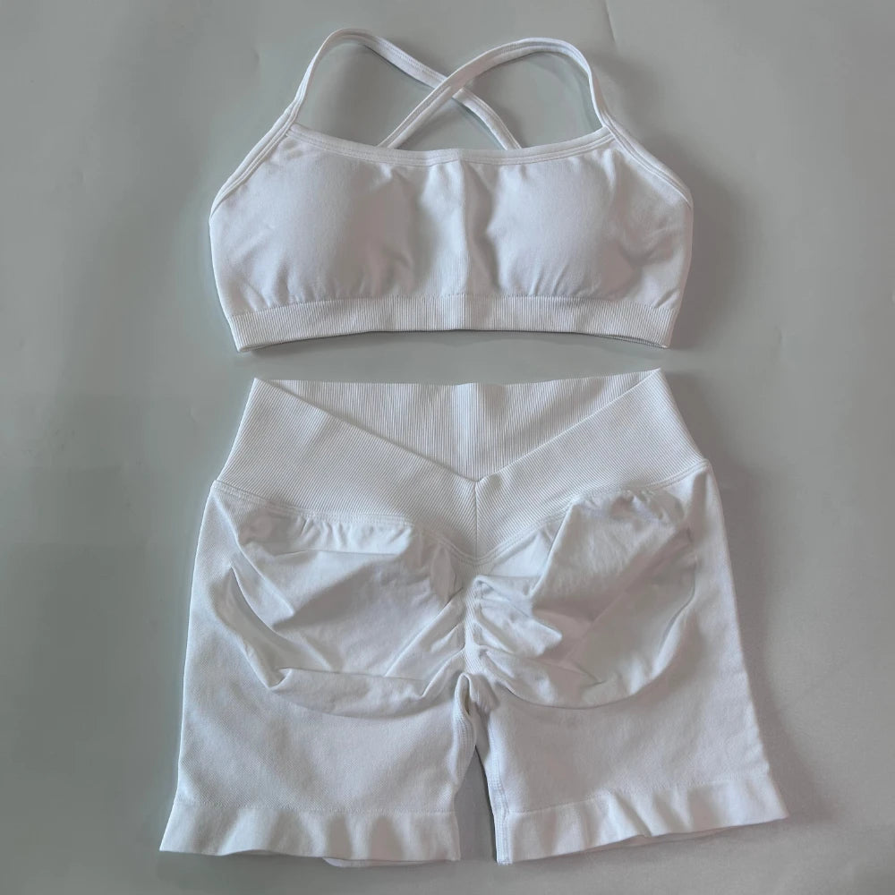 2 Pieces Set For Woman Clothes Seamless Scrunch Yoga Shorts Set Backless ktp Sports Bra Fitness Workout Top Gym Set Outfits