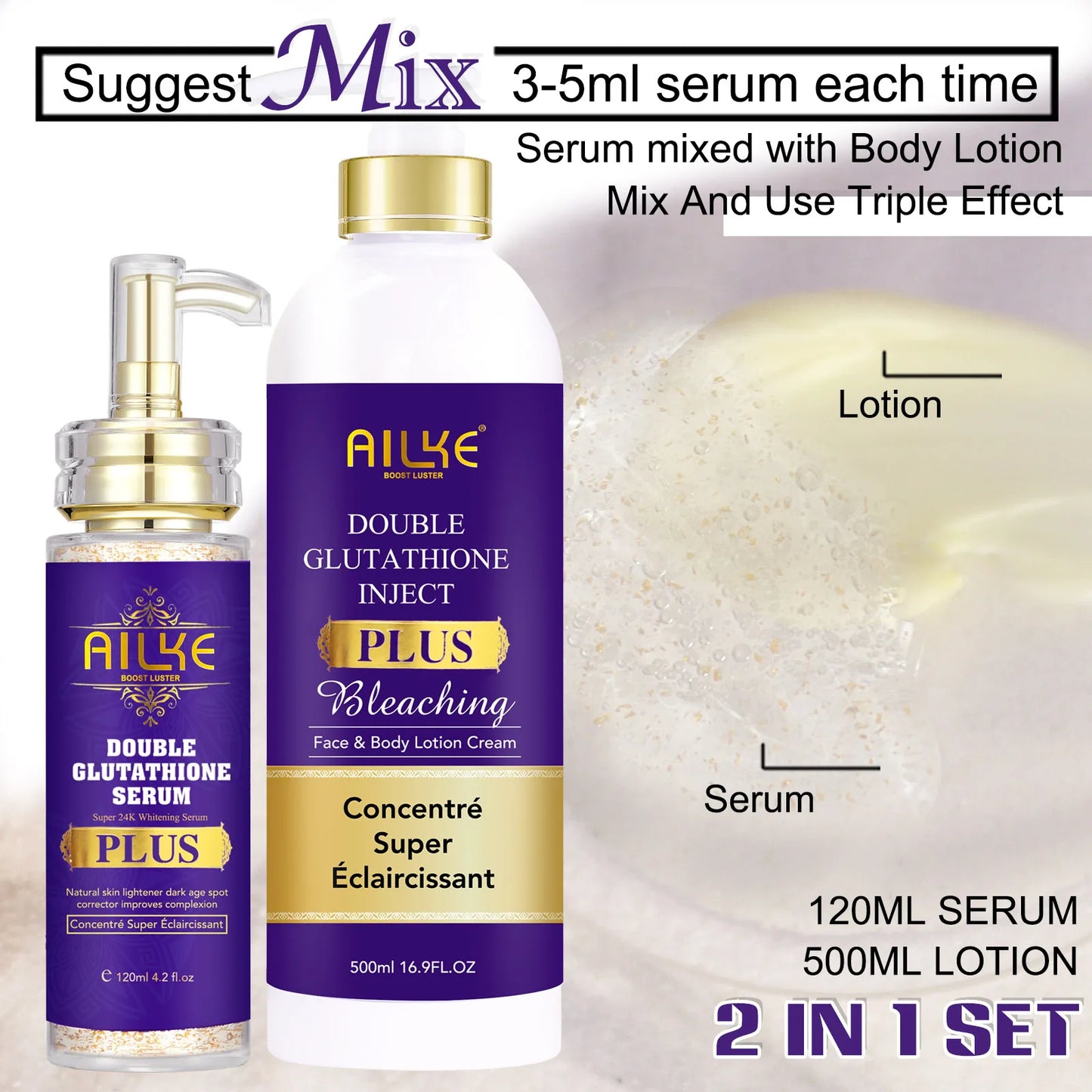 AILKE Double Glutathione Whitening Set For All Skin Types, Reduce Dark Spots, Melanin, Freckles, Chloasma, Even Skin Tone