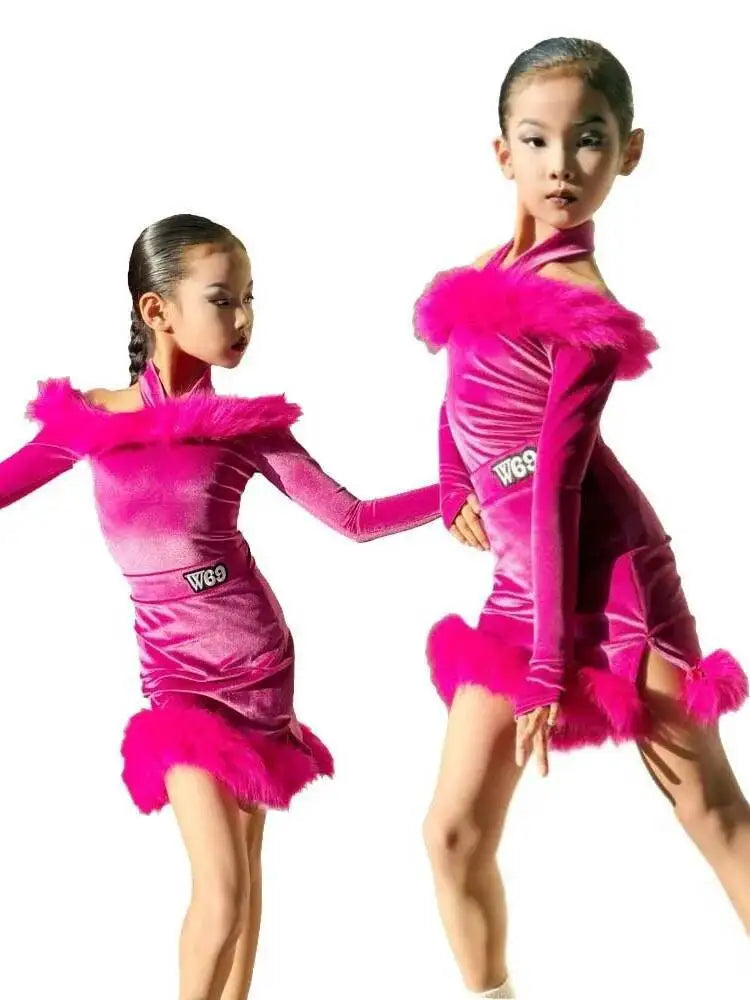 Latin american Dance velvet feather Long Dress Girls Kids Samba Salsa Cha Cha Rumba Tango Children Competition Ballroom Dresses