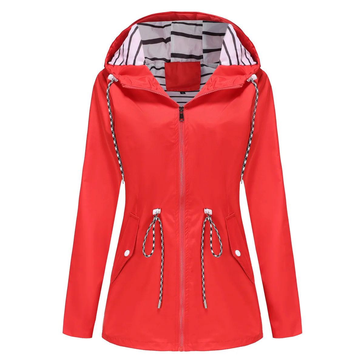 Red Waterproof Hooded Jacket, Women Fashion Casual Coat, Waist Drawstring Tie Zipper Switch Blue Green Yellow Black Windbreaker