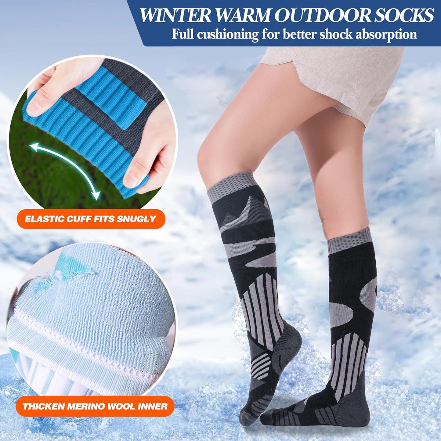 YANBIGUO 2 Pairs Thicken Ski Socks,Thermal Warm Winter Knee-High Snowboarding Skiing Sock for Hiking,Cycling,Snow,Snowboarding