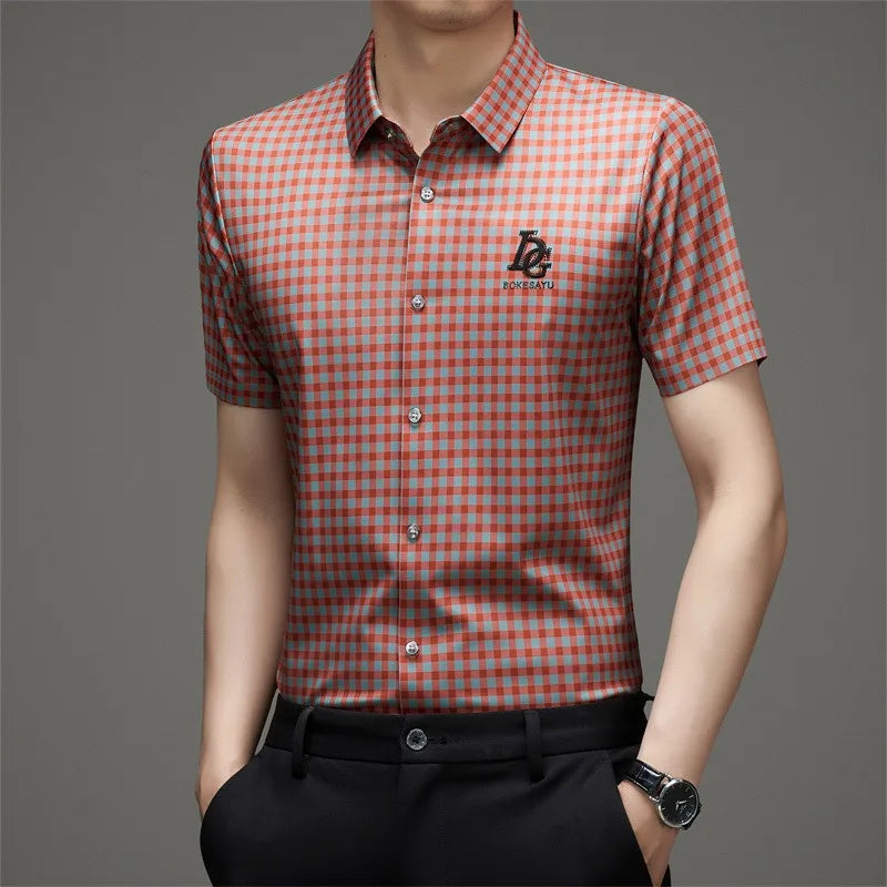 High End Man's Plaid Shirts Non-iron Business Fashion Leisure Tops Luxurious Male Short Sleeve Summer Quality Thin Shirt for Men