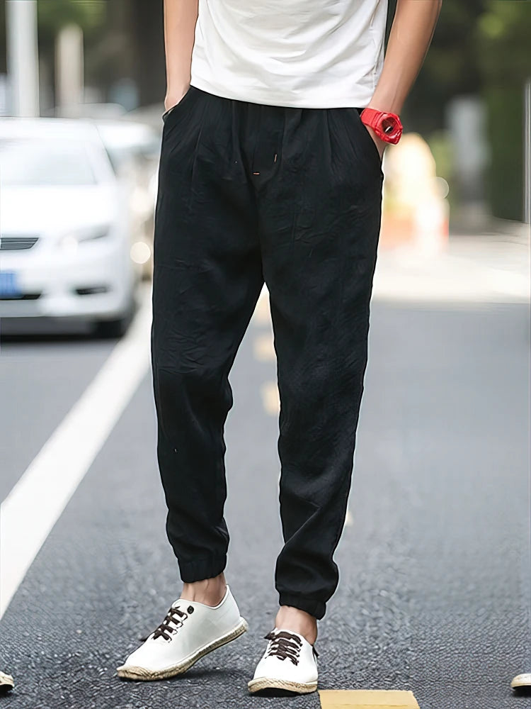 Cotton Linen Jogger Pants Men Spring Summer Chino Pants Wide leg Loose Lightweight Thin Sweatpants Male Beach Casual Trousers