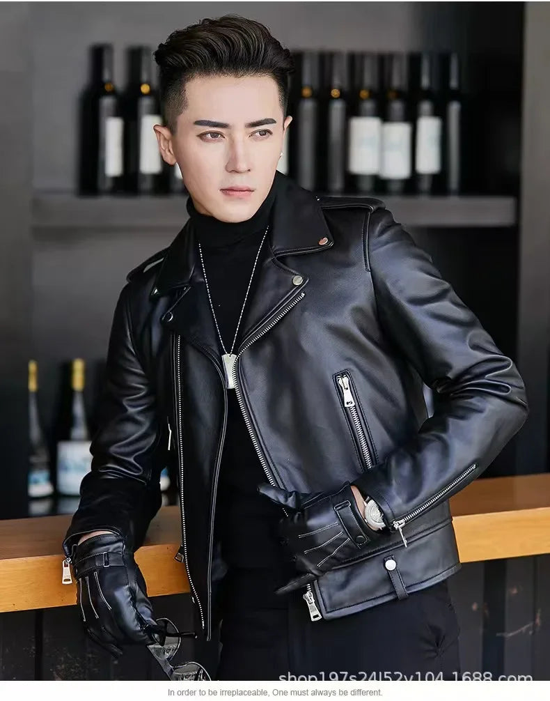 Men's Slim Fit PU Leather Jacket Fashionable Motorcycle Style Spring Autumn Korean Version Casual Outerwear Male Biker Coat