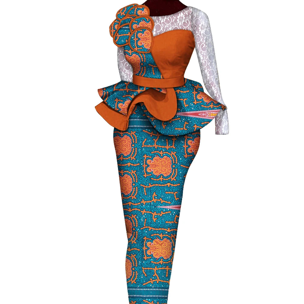 African Skirt Sets Women Suit Long Straight Skirts and Tops with Lace Decoration Bazin Riche Traditional African Clothing WY6195