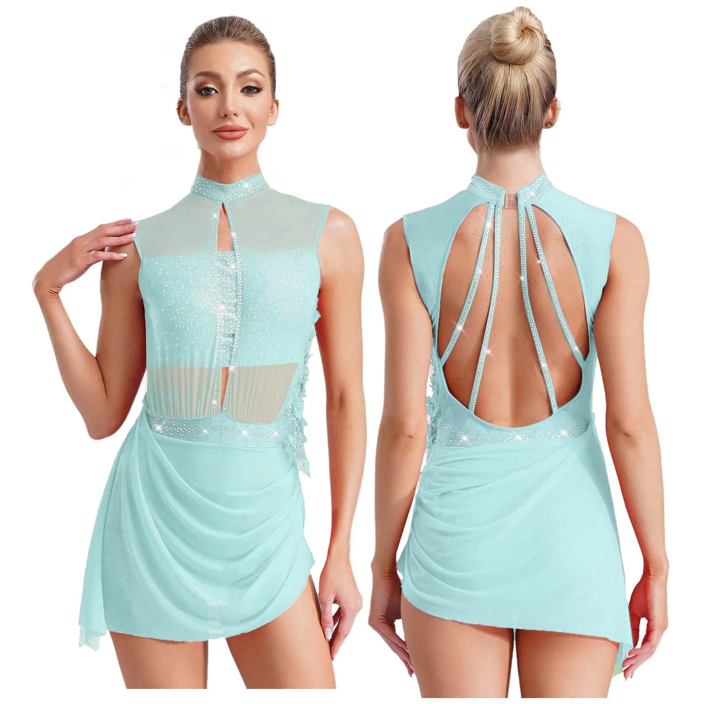 Women Lyrical Dance Dress Ballet Figure Skating Gymnastics Stage Performance Costume Sleeveless Rhinestones Applique Leotards