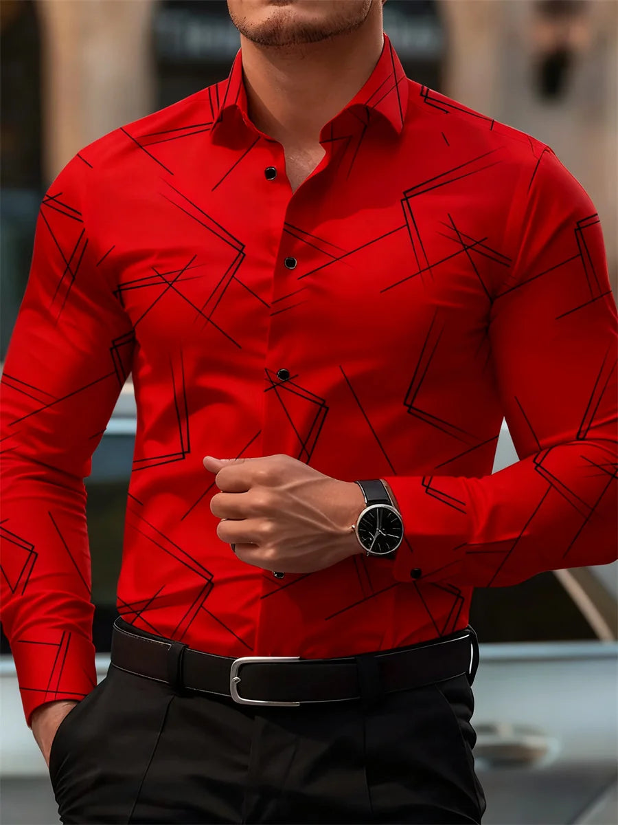Men's trendy geometric line print long-sleeved shirt Business casual fashion design slim fit non-iron versatile ins style shirt