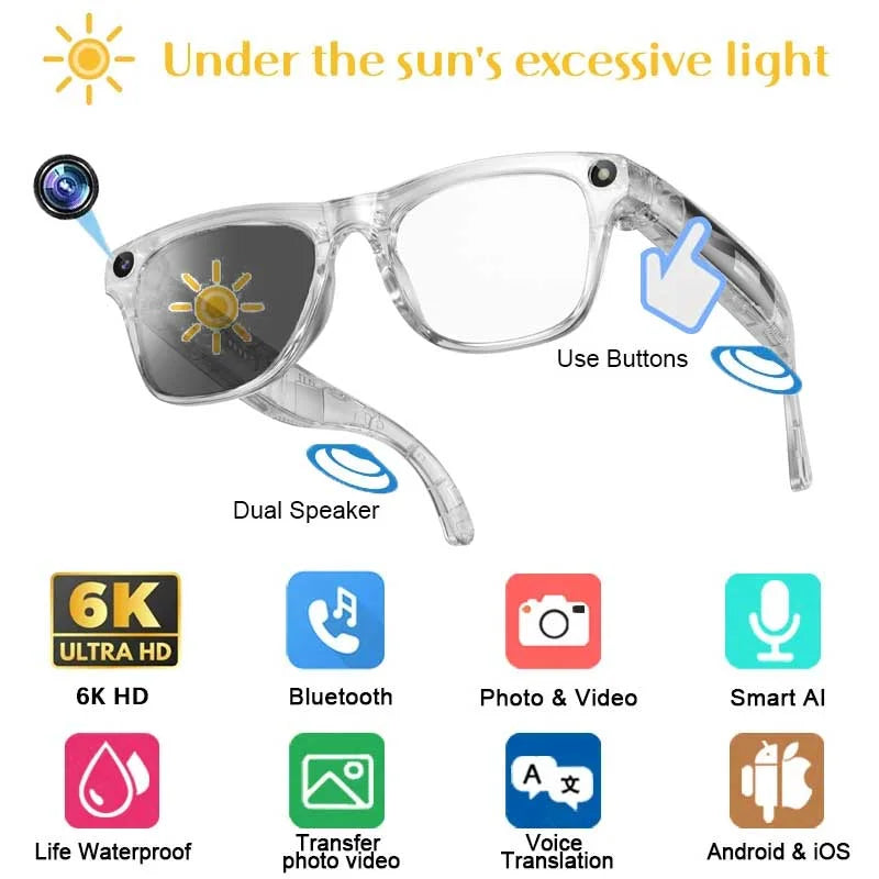 6K HD AI Smart Glasses Photochromic Multifunction Bluetooth Calling Voice Assistant Music Player Translate Camera Glasses 2025