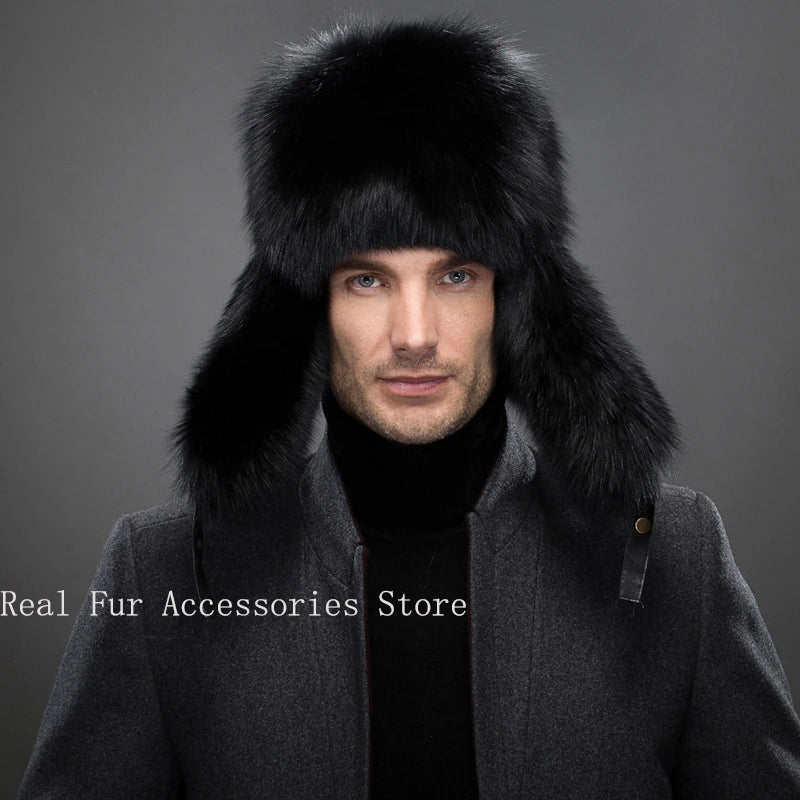 Hot high-end luxury fur hat Men's fox fur hat Lei Feng cap ear cap fur necessary hat Real fur hat 100% Sheepskin top fox hat